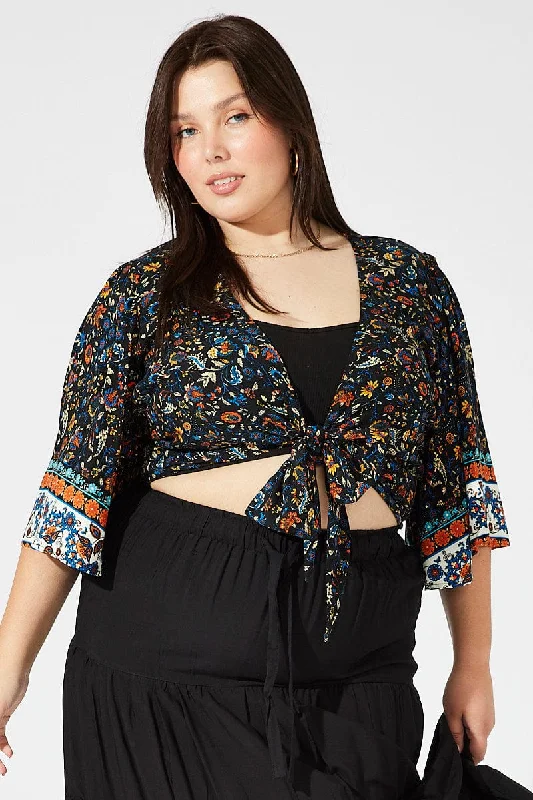 Exclusive Savings Black Boho Tie Front Bolero Top Flare Sleeve
