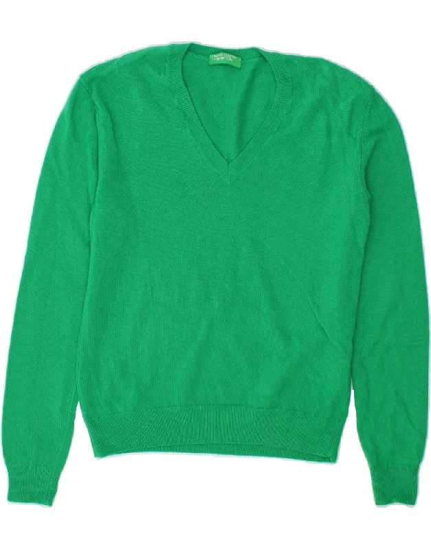 Best Deals BENETTON Womens V-Neck Jumper Sweater UK 10 Small Green New Wool