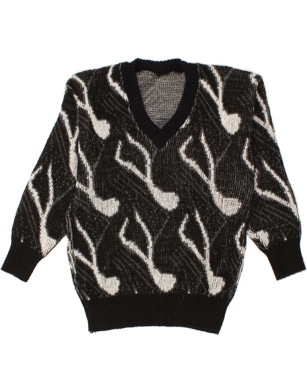 Inventory Reduction VINTAGE Womens Abstract Pattern V-Neck Jumper Sweater UK 14 Medium Black Inventory Reduction VINTAGE Womens Abstract Pattern V-Neck Jumper Sweater UK 14 Medium Black