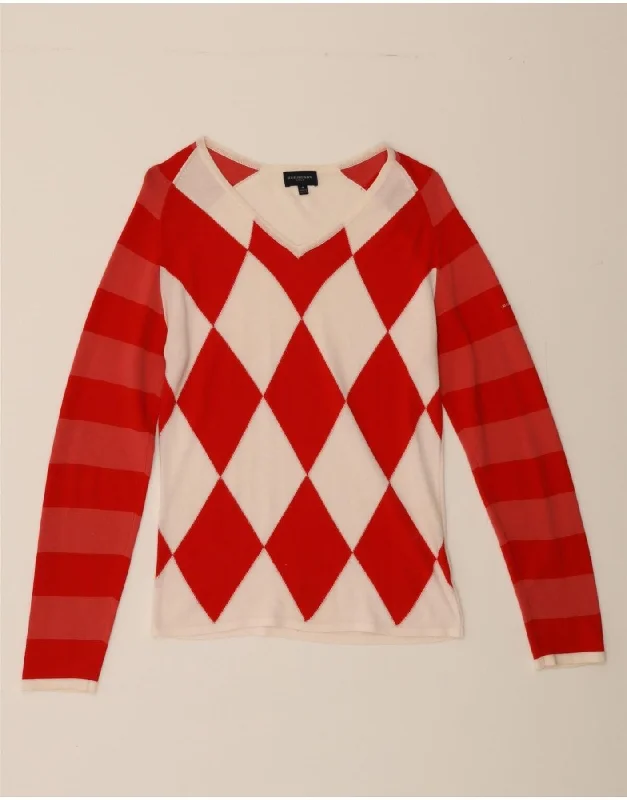 Exclusive Access BURBERRY Womens V-Neck Jumper Sweater UK 12 Medium Red Argyle/Diamond Exclusive Access BURBERRY Womens V-Neck Jumper Sweater UK 12 Medium Red Argyle/Diamond