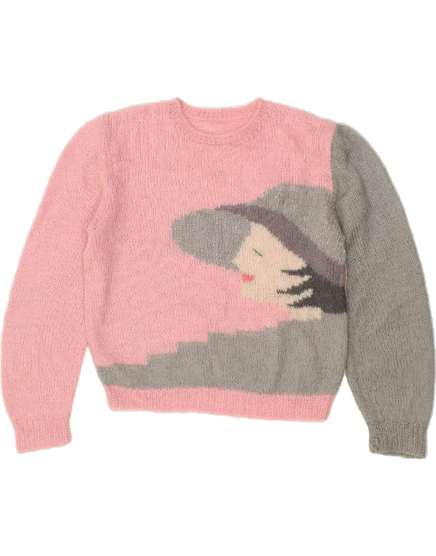 Amazing Deals VINTAGE Womens Graphic Crew Neck Jumper Sweater UK 14 Large Pink