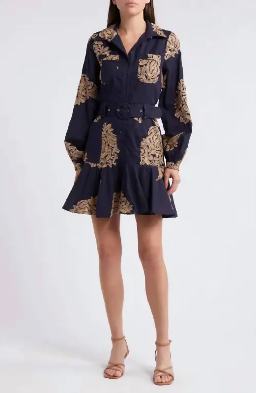 Mega Sale Ina Long Sleeve Embroidered Shirt Dress In Navy Tan