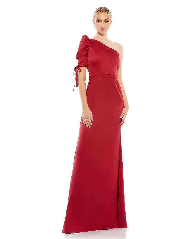 New Markdowns Satin One Shoulder Puff Sleeve Trumpet Gown