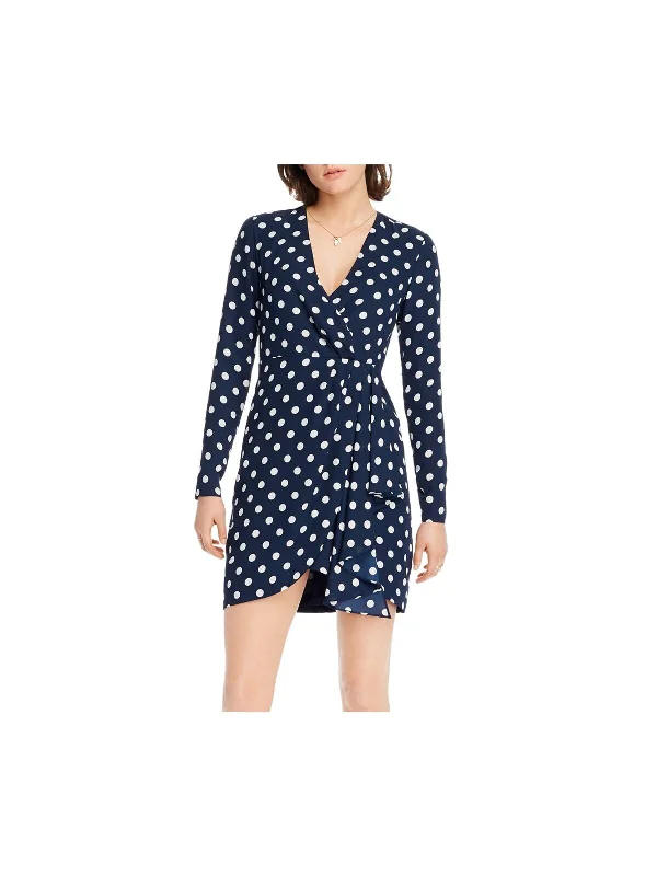 Stock Clearance LINI Womens Navy Polka Dot Surplice Neckline Short Faux Wrap Dress
