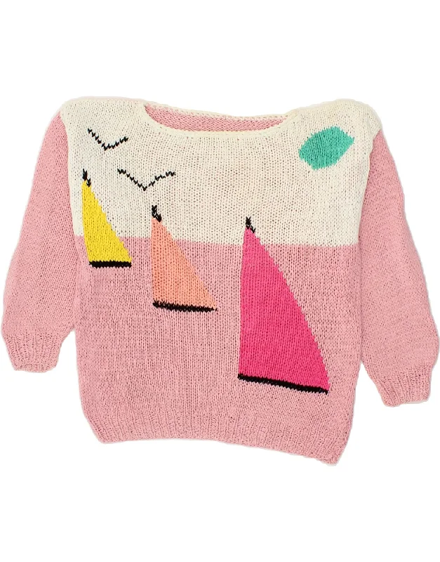 Early Access VINTAGE Womens Graphic Boat Neck Jumper Sweater UK 16 Large Pink