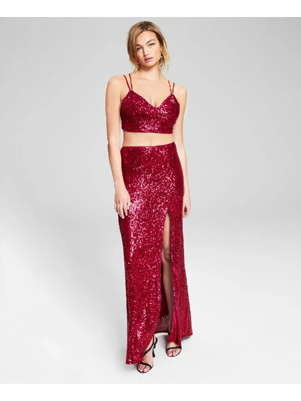 Bonus Savings JUMP APPAREL Womens Maroon Sequined Slitted Lined Sleeveless V Neck Full-Length Prom Gown Dress