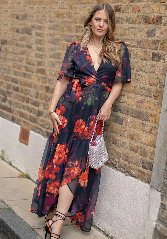 Closeout Hope & Ivy Nova Flutter Sleeve Floral Wrap Maxi Dress, Black and Orange