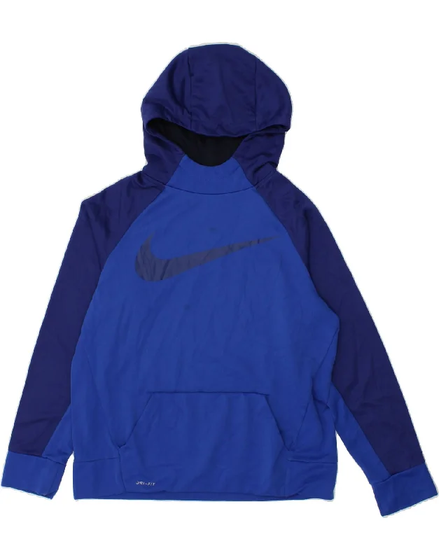 Mega Deal NIKE Womens Dri Fit Graphic Hoodie Jumper UK 18 XL Navy Blue Colourblock