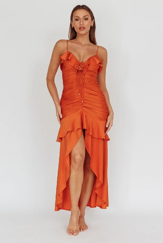 Fantastic Offers Rosalia Ruched Ruffle Maxi Dress Chocolate