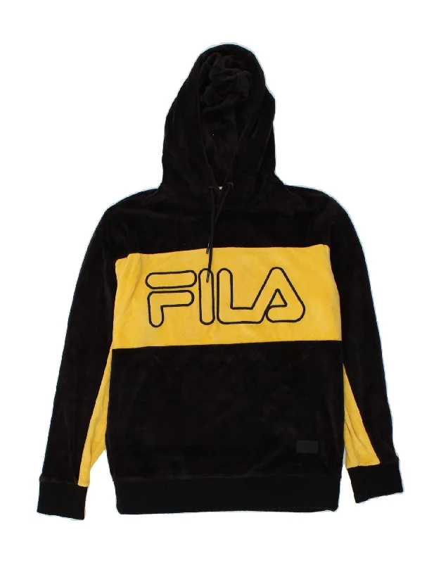 Buy More, Save More FILA Womens Graphic Hoodie Jumper UK 14 Medium Black Colourblock Cotton