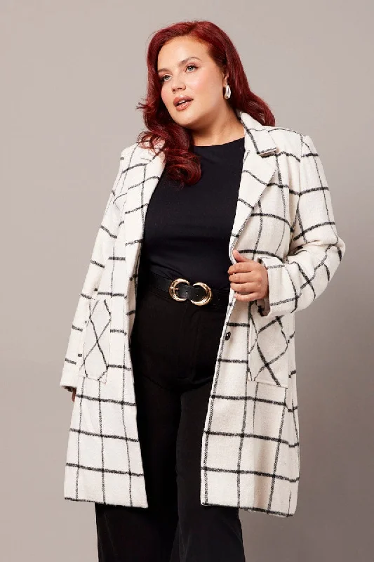 Don’t Miss Out White Check Long Coat Lined Button Front