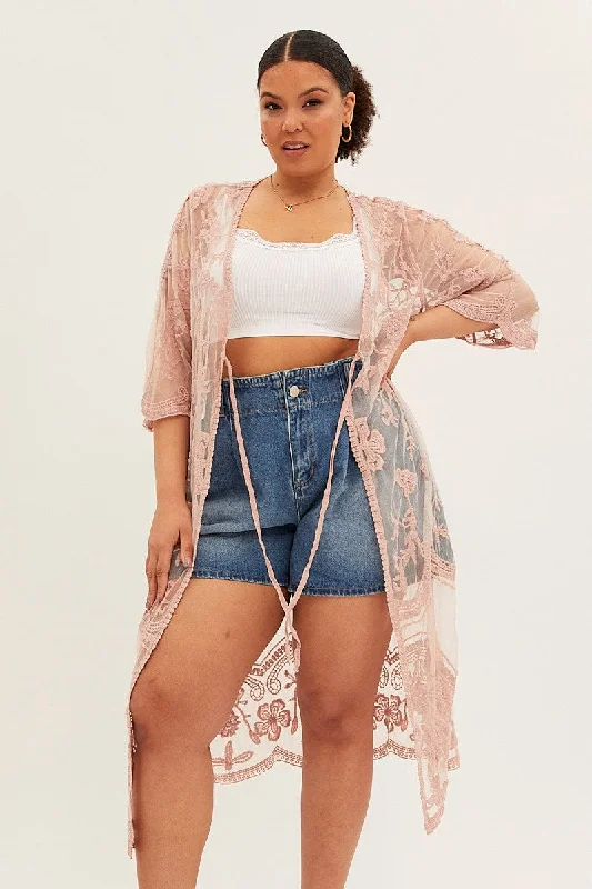 Mega Deal Pink Mesh Kimono Short Sleeve Embroidered