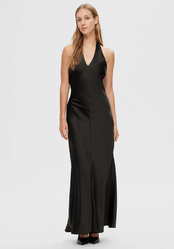 Mega Sale Selected Femme Renata Neck Holder Satin Maxi Dress, Black