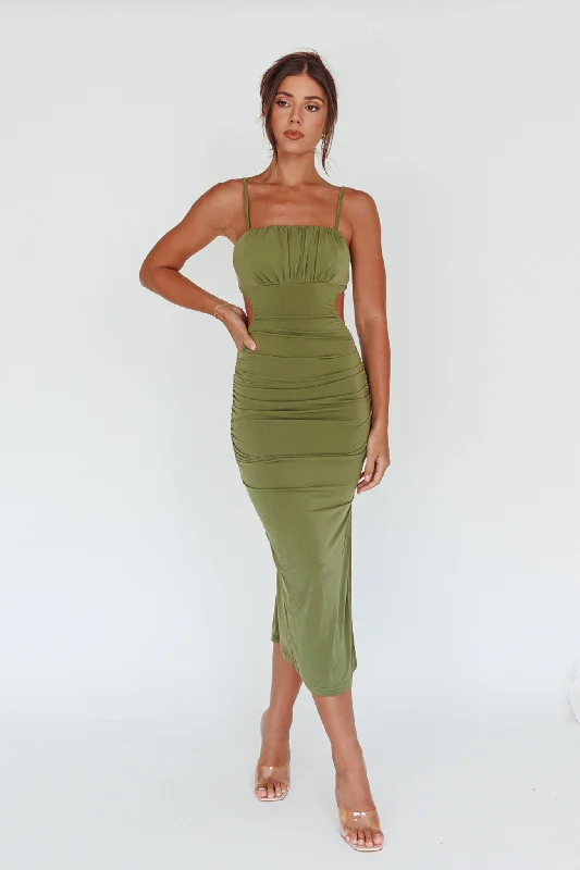 One-DAY Sale Mary Jane Gathered Bust Tie Back Midi Dress Olive