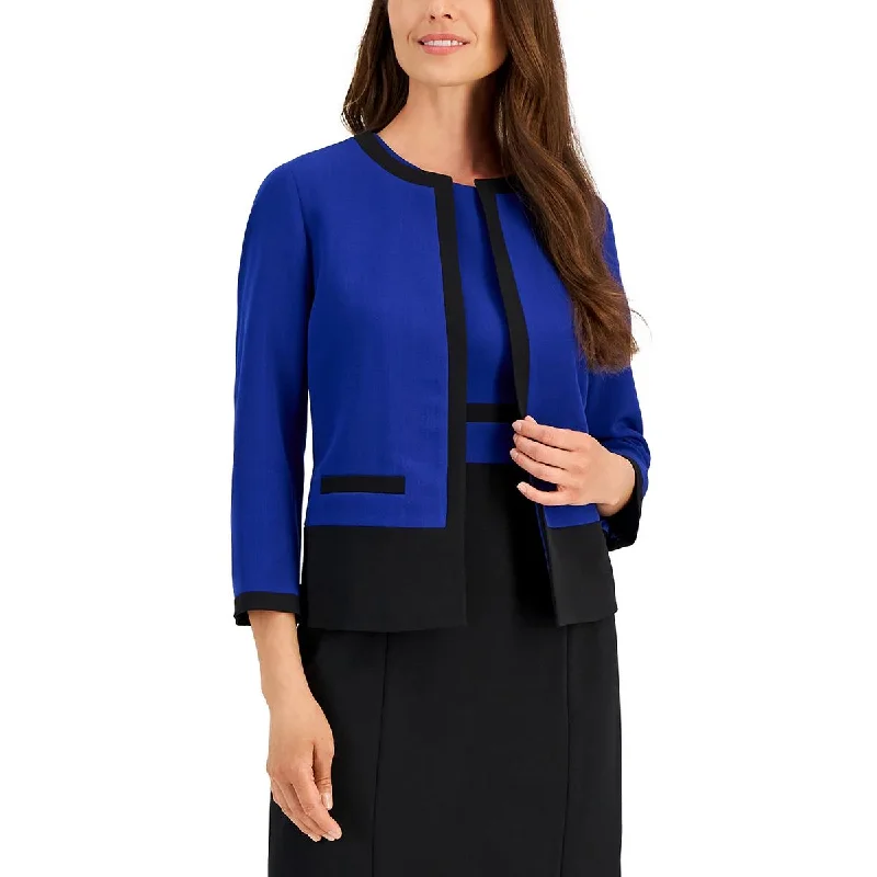Blowout Deals Petites Womens Open Front Contrast Trim Collarless Blazer