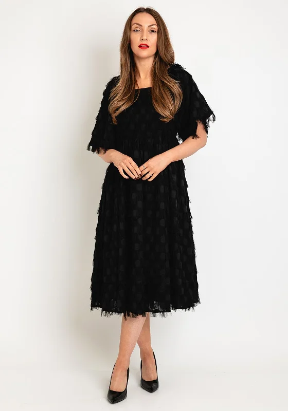Price Break Y.A.S Square Neck Fringe Midi A-line Dress. Black