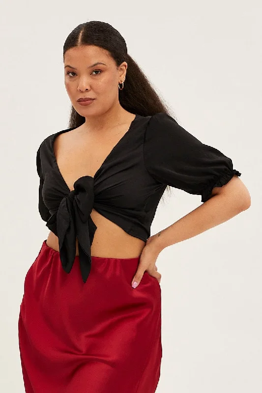 Overstock Black Satin Tie Front Short Sleeve Bolero Top