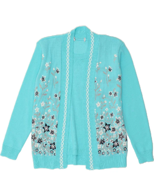Price Smash VINTAGE Womens Cardigan Sweater UK 14 Medium Blue Floral Acrylic