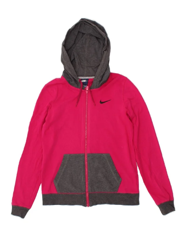 Price Rollback NIKE Womens Zip Hoodie Sweater UK 12 Medium Pink Colourblock Cotton