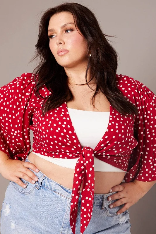 Steals and Deals Polka Dot Crop Borelo Short Sleeve Tie Up