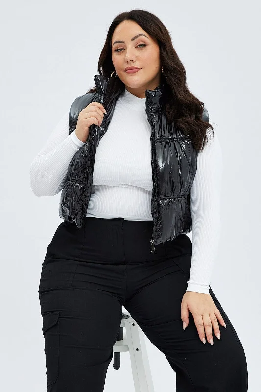 Huge Savings Black Puffer Vest Sleeveless Shiny Crop