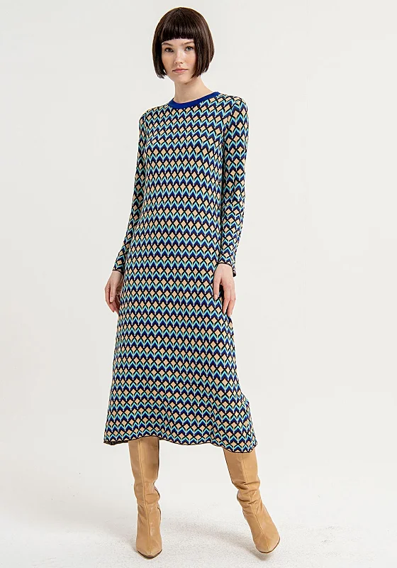 YEAR-End Sale Surkana Abstract Print Knit A-line Midi Dress, Blue