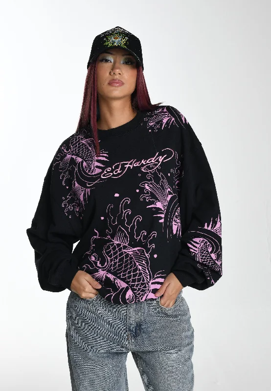 While Supplies Last Womens Koi River Graphic Relaxed Crew Neck Sweatshirt - Charcoal