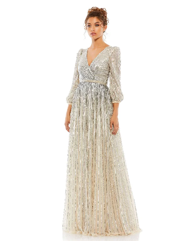 Overstock Sequined Wrap Over 3/4 Sleeve Gown