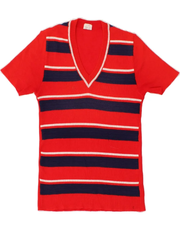 Epic Deals VINTAGE Womens Short Sleeve V-Neck Jumper Sweater IT 42 Medium Red Striped