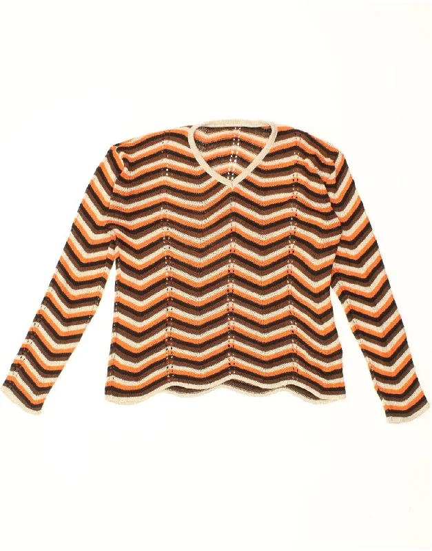 Fantastic Offers VINTAGE Womens V-Neck Jumper Sweater UK 14 Large Brown Chevron