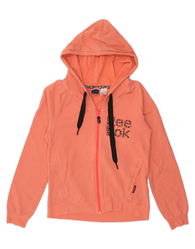 Price Meltdown REEBOK Womens Graphic Zip Hoodie Sweater UK 8/10 Small Orange Cotton