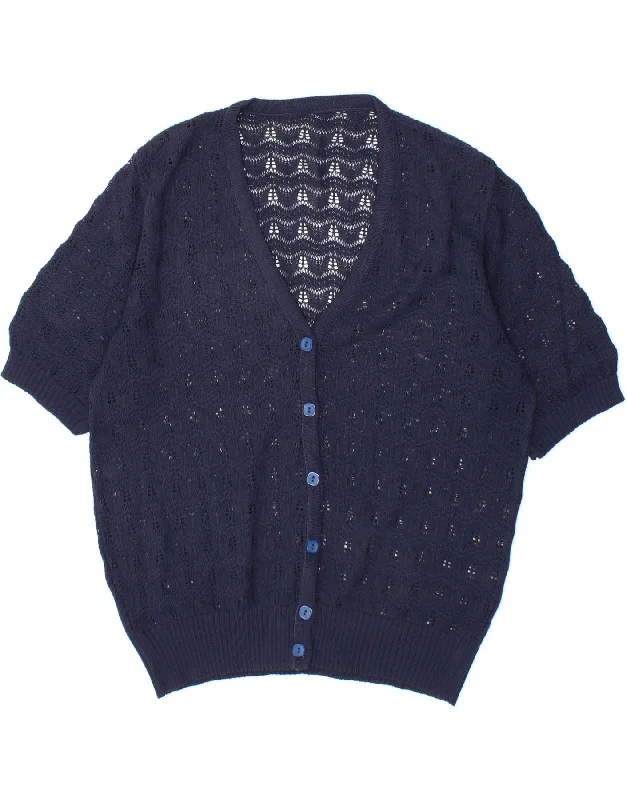 Doorbuster Deal VINTAGE Womens Short Sleeve Cardigan Sweater UK 14 Medium Navy Blue