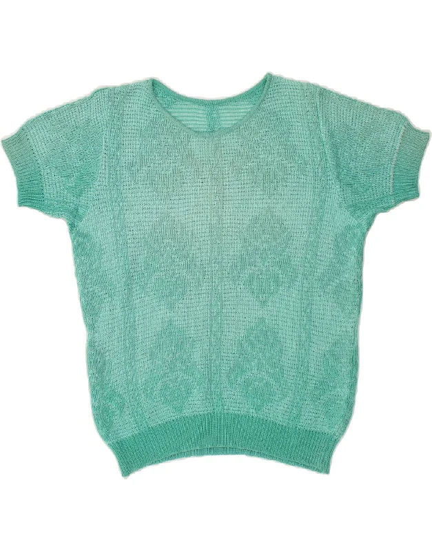Closeout VINTAGE Womens Short Sleeve Crew Neck Jumper Sweater UK 12 Medium Green
