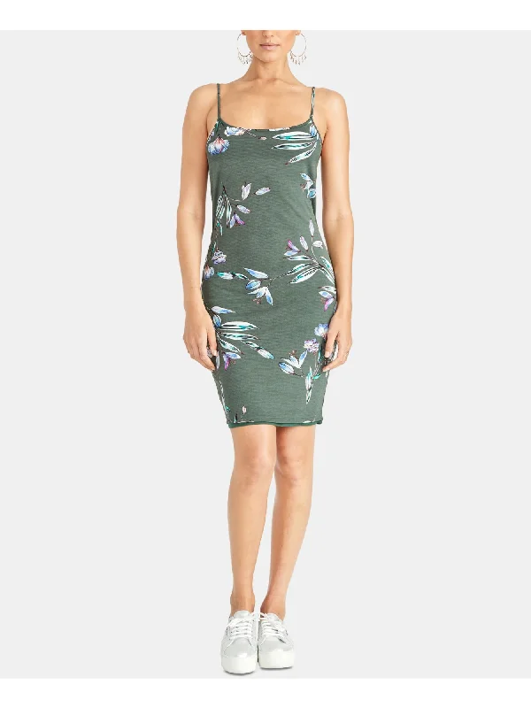 Online Specials RACHEL ROY Womens Green Floral Spaghetti Strap Scoop Neck Above The Knee Body Con Dress