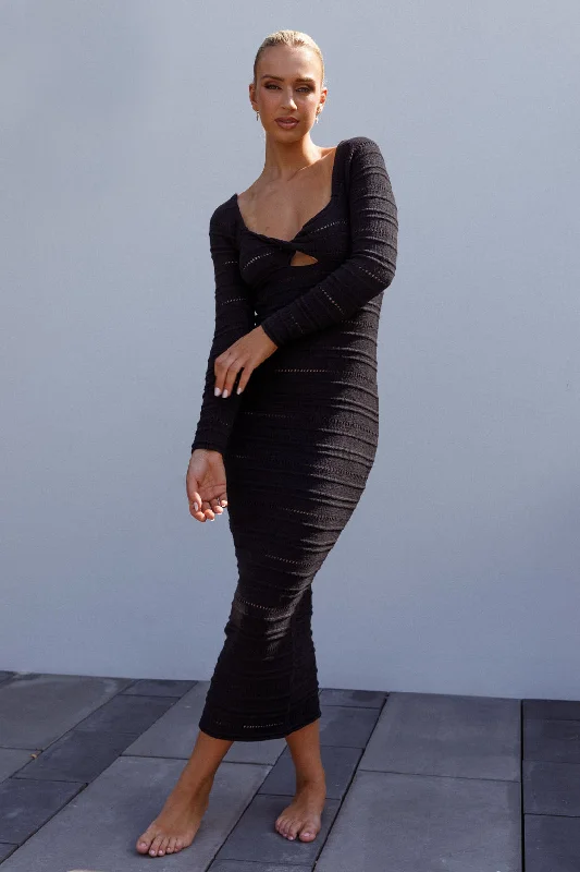 Blowout Sale Beachside Crochet Knit Long Sleeve Midi Dress Black