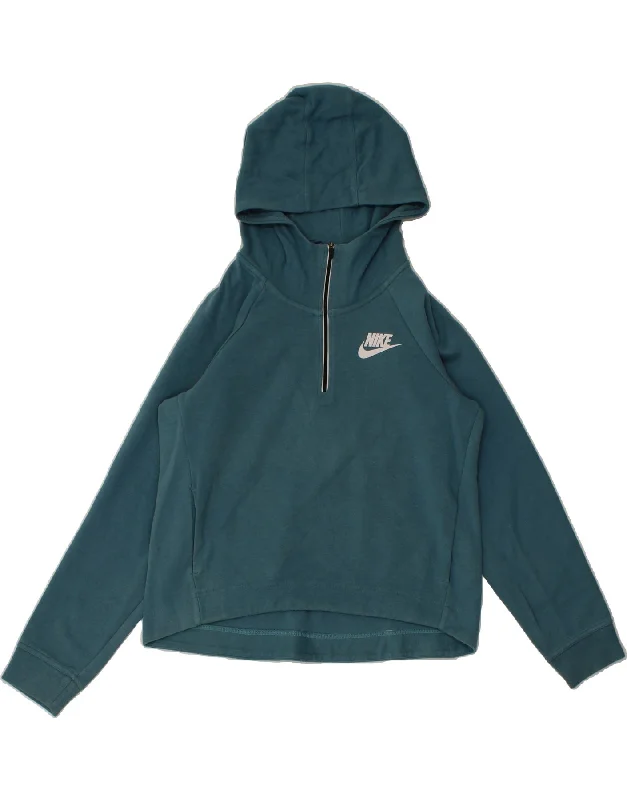 Bargain Blast NIKE Womens Oversized Zip Neck Hoodie Jumper UK 10 Small Blue Cotton