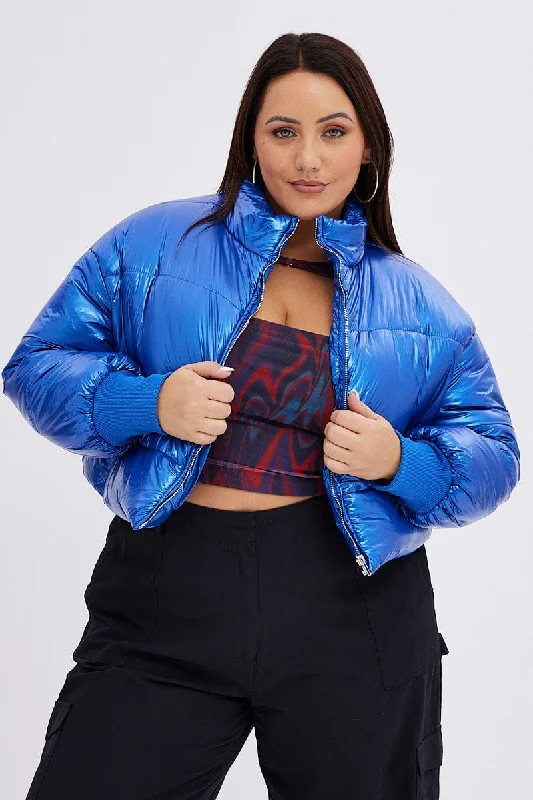 Don't Wait Blue Puffer Jacket Shiny Wet Look Lined Cropped