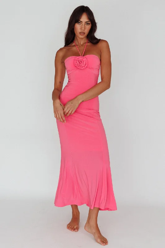 New Deals Ibiza Sunset Bust Flower Midi Dress Hot Pink