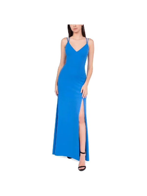 Now or Never B DARLIN Womens Blue Zippered Lined Lace-up Open Back Thigh-hi Slit Spaghetti Strap V Neck Full-Length Formal Gown Dress Now or Never B DARLIN Womens Blue Zippered Lined Lace-up Open Back Thigh-hi Slit Spaghetti Strap V Neck Full-Length Formal Gown Dress