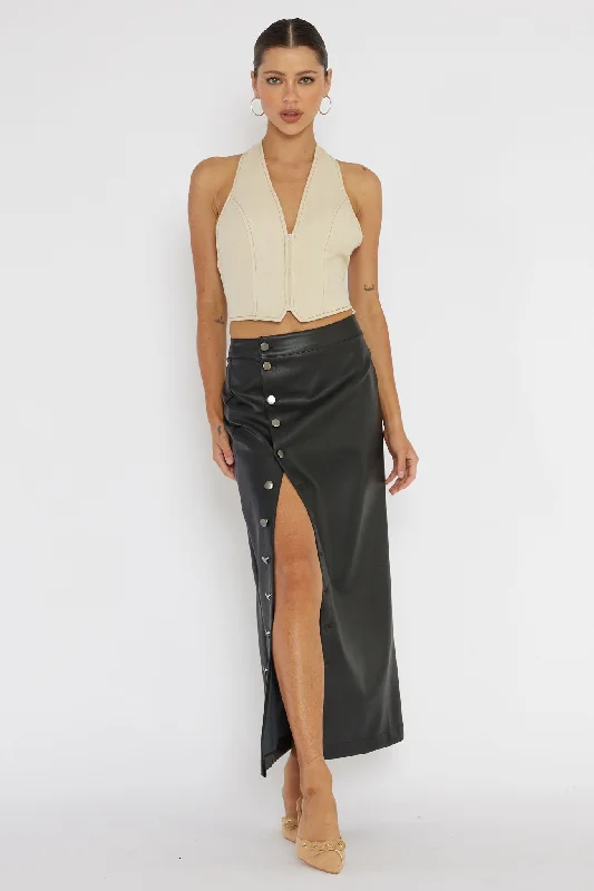 Final Sale Angelica Button-Up Faux Leather Midi Skirt Black