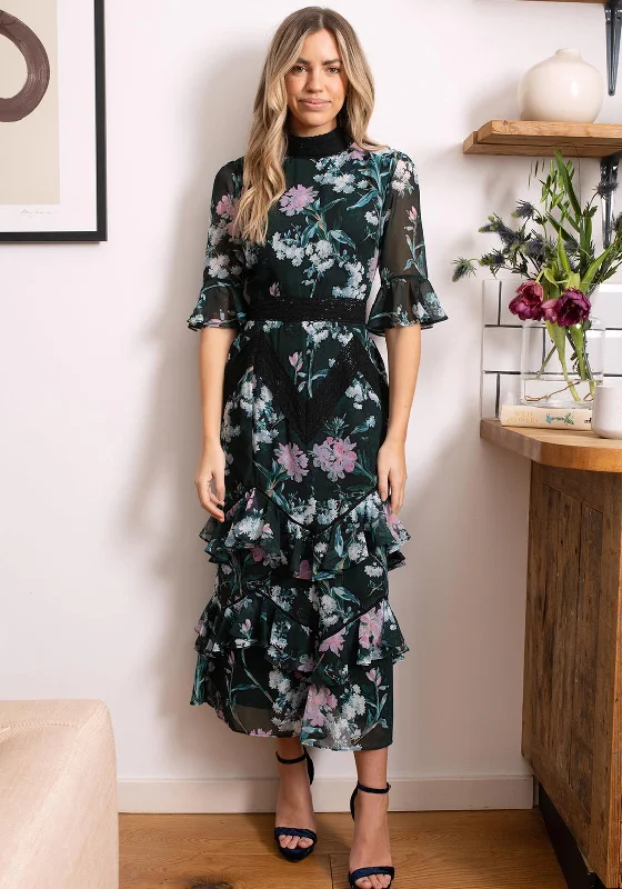 Don't Wait Hope & Ivy Ellen Ruffle Skirt Floral Midi Dress, Green and Pink