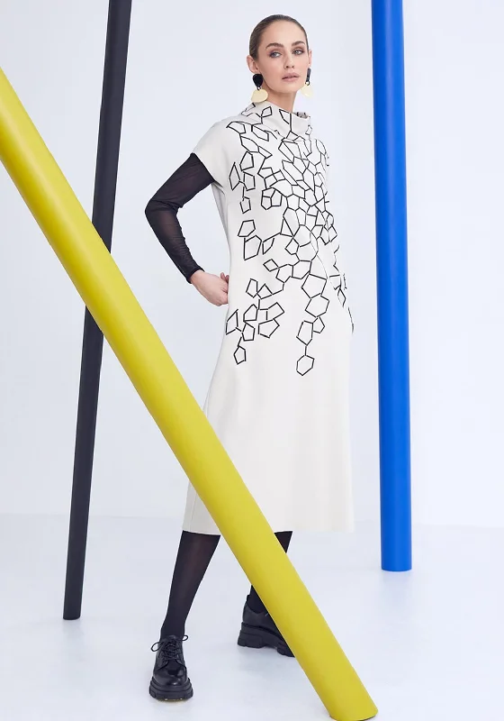Instant Discount Naya High Neck Geometric Pattern Midi Dress, Black & Sand