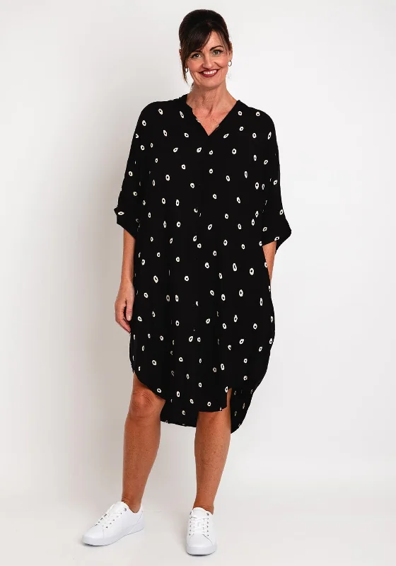 Hurry In Natalia Collection One Size Circle Printed Midi Shirt Dress, Black