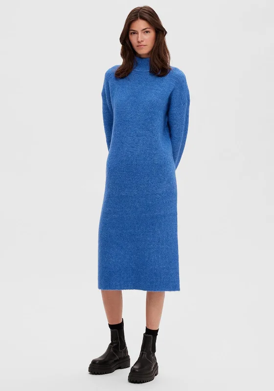 One-DAY Sale Selected Femme Maline High Neck Knit Jumper Dress, Nebulas Blue