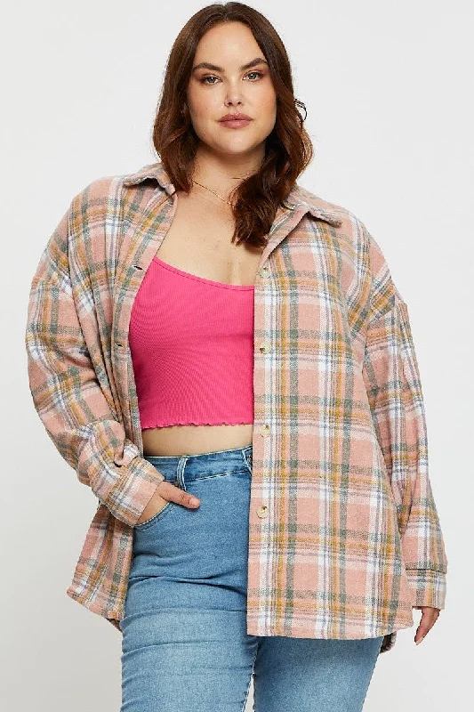 Super Deal Check Shacket Long Sleeve Button Front
