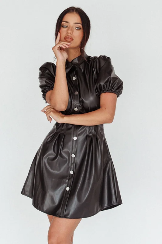 Final Markdown Zurich Pleated Waist Shirt Dress Faux Leather Black