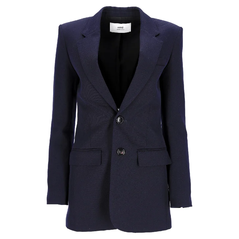 Limited Availability Ami Single-Breasted Blazer in Navy Blue Wool