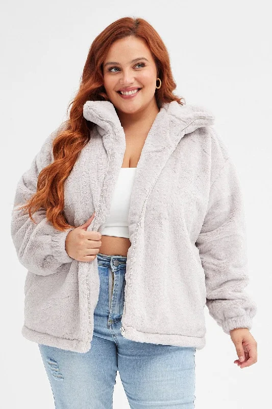 Can't Miss Grey Faux Fur Jacket Long Sleeve Zip Through