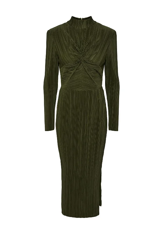 Exclusive Access Y.A.S Olinda High Neck Plisse Maxi Dress, Rifle Green