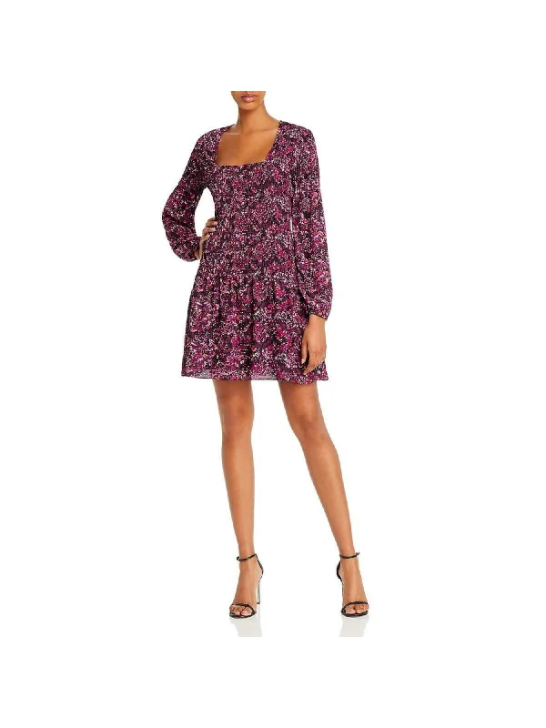 Customer Appreciation Sale PARKER Womens Purple Floral Long Sleeve Square Neck Short Fit + Flare Dress Customer Appreciation Sale PARKER Womens Purple Floral Long Sleeve Square Neck Short Fit + Flare Dress